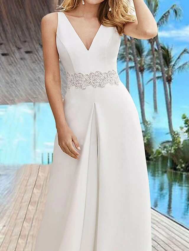 Women's Jumpsuit Lace Backless Solid Color V Neck Dressy Weddding Elegant Party Business Regular Fit Sleeveless White S M L Summer 3 Women's Jumpsuit Lace Backless Solid Color V Neck Dressy Weddding Elegant Party Business Regular Fit Sleeveless White S M L Summer - Image 3