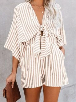 Women's Romper Lace Up Pocket Striped V Neck Casual Street Daily Regular Fit 3/4 Length Sleeve Pink Khaki Light Blue S M L Summer -Outlet Suit Skirt Fit Store zukgcx1678187357416