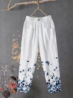 Women's Slacks Baggy Cropped Pants Ankle-Length Linen Pocket Baggy Micro-elastic Medium Waist Comfort Chino Outdoor Daily Robin's Egg Blue White / Blue S M Spring &Fall