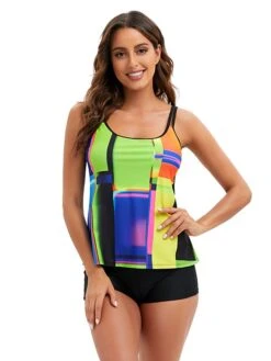 Women's Swimwear Tankini 2 Piece Normal Swimsuit Mixed Color Printing Adjustable String Color Block Multi Color Light Green Padded Strap Bathing Suits Sports Vacation Geometric -Outlet Suit Skirt Fit Store zzjays1692097439784